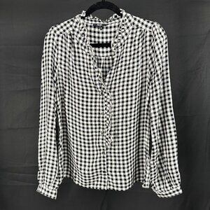 PAIGE Aurelie Gingham-Print Metallic Ruffle Frill Puff Check Button Down Shirt S